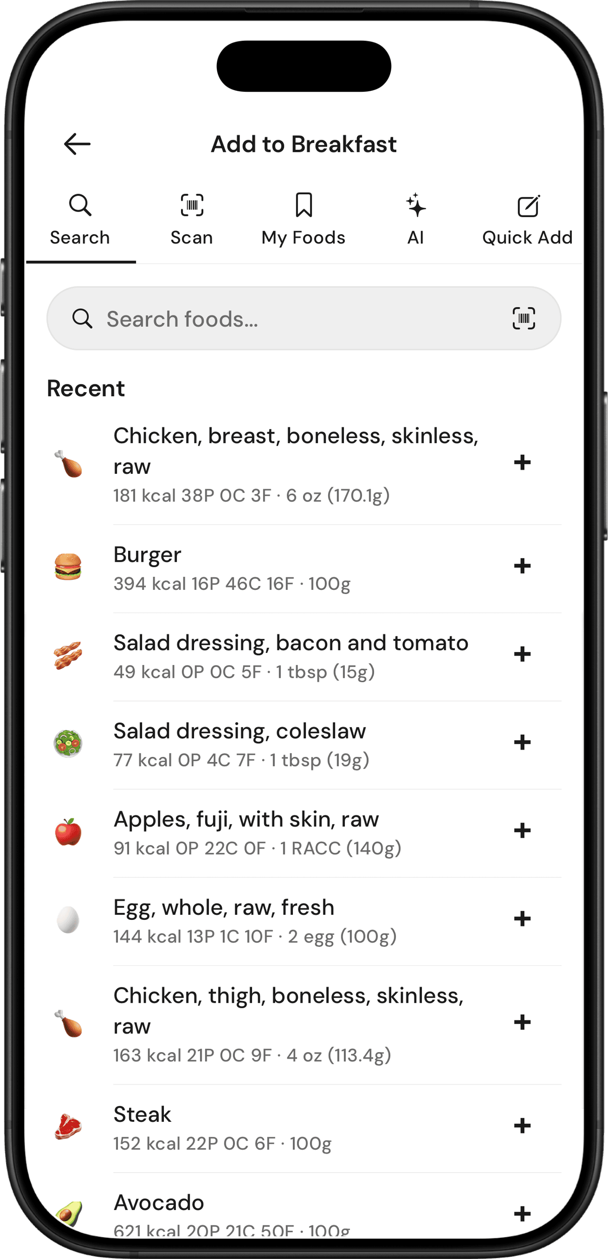 Biteset food search displayed on an iPhone