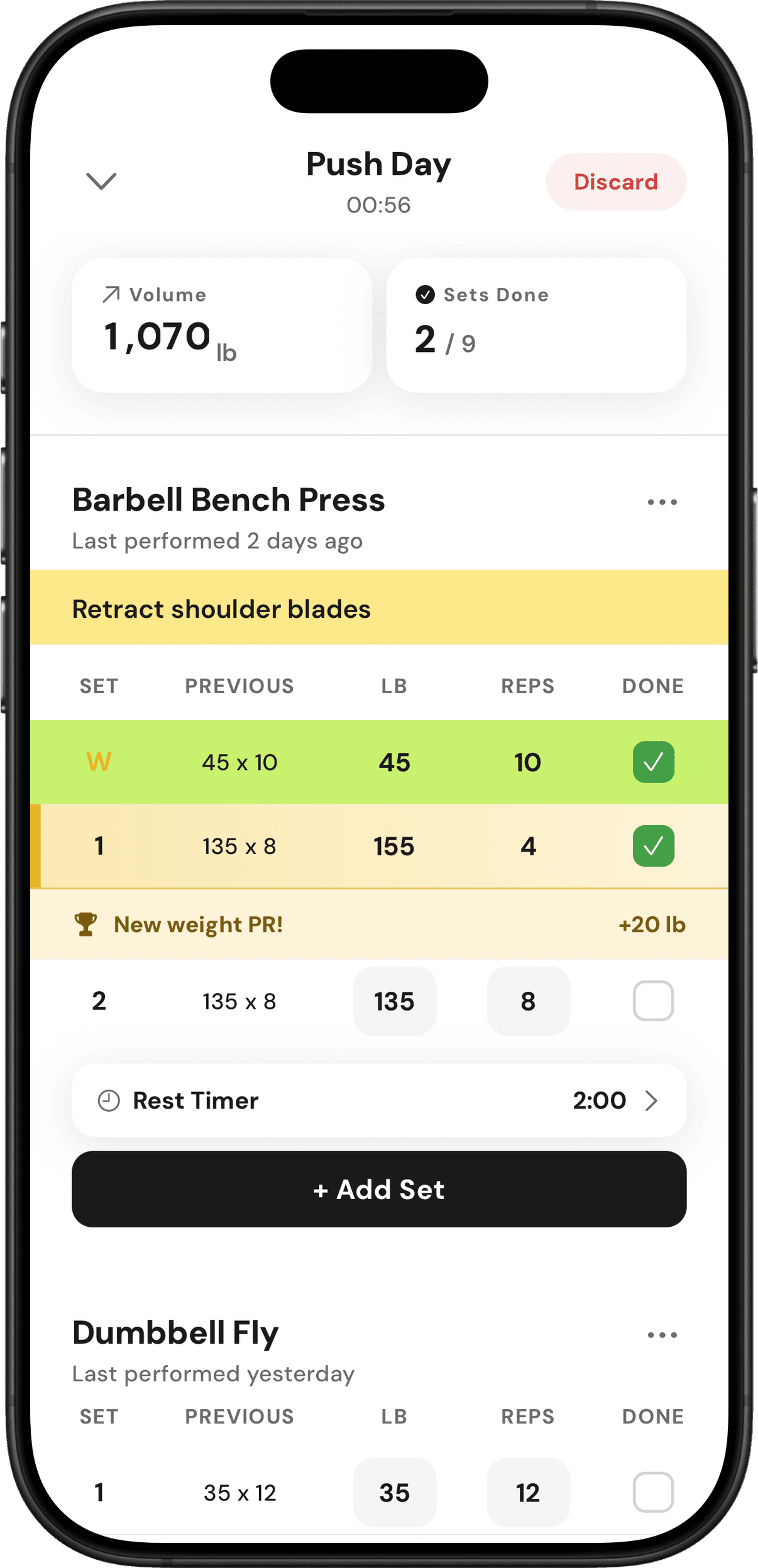 Biteset Push Day workout with a new personal record displayed on an iPhone